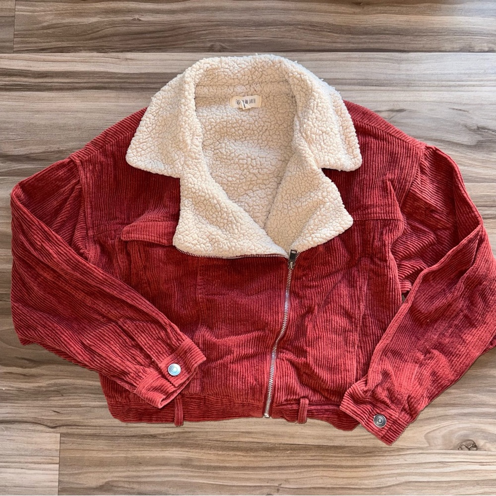 NanaMacs Red Corduroy Teddy Jacket with Cream Sherpa Collar